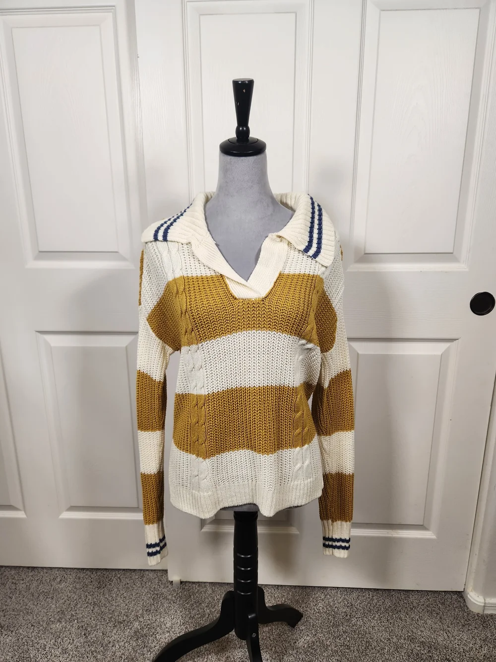 Buckle Striped V-Neck Sweater in Mustard and Cream with Navy Trim